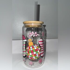 Festive Glass Tumbler with Straw